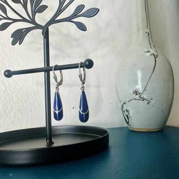 Sterling w Inlaid Blue Lapis .75” Southwest Drop Earrings - Picture 2 of 7